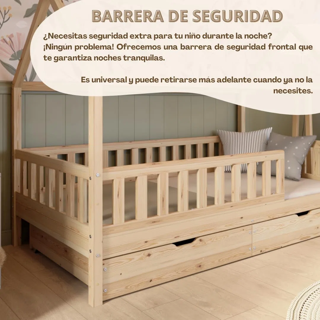 Cama Montessori en Forma de Casa 190x90 cm - Cama Infantil con Protección contra Caídas 40cm y Barrera Abrible - Camas Infantiles niño - Madera Natural con Cajones
