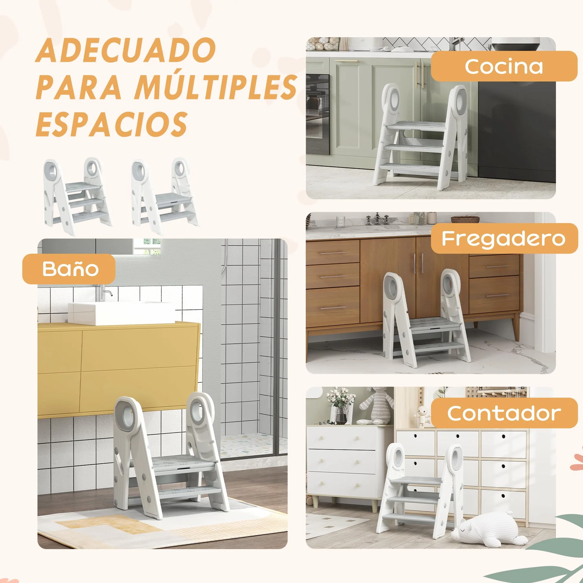 AIYAPLAY Taburete Plegable Torre de Aprendizaje Ajustable para Niños 18-60 Meses Antideslizante Gris y Blanco
