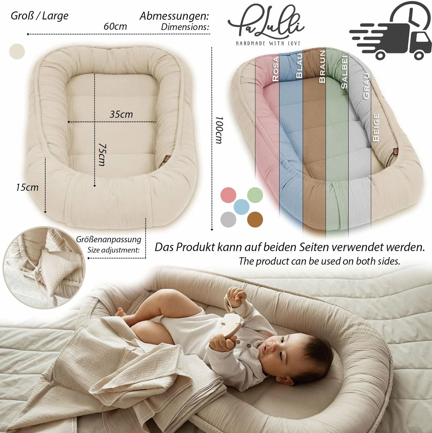 PaLulli Nido para bebé de 100% Muselina de algodón prémium, 100 x 60 cm, Solapa con Cierre de Velcro, Cambiador para Cuna de bebé (Rosa Sucio)