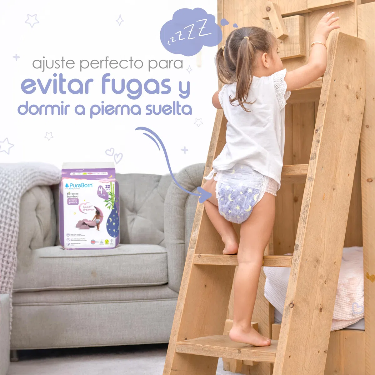 PureBorn Sweet Dreamer Pañales Braguitas de Noche, Talla 4 (9-15 kg), 22 Pañales, Protección Contra Fugas Durante la Noche, Absorción Extra, Confort en Seco, Indicador de Humedad