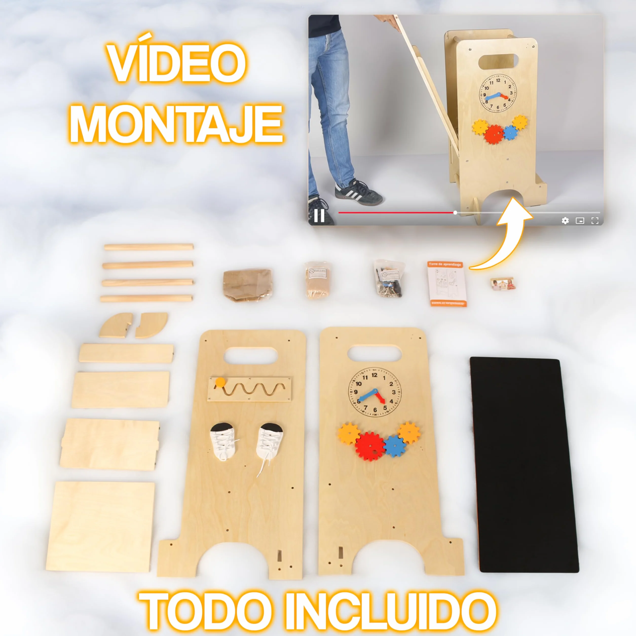 Torre de Aprendizaje Montessori de Madera Multifuncional con Juegos Sensoriales Infantiles