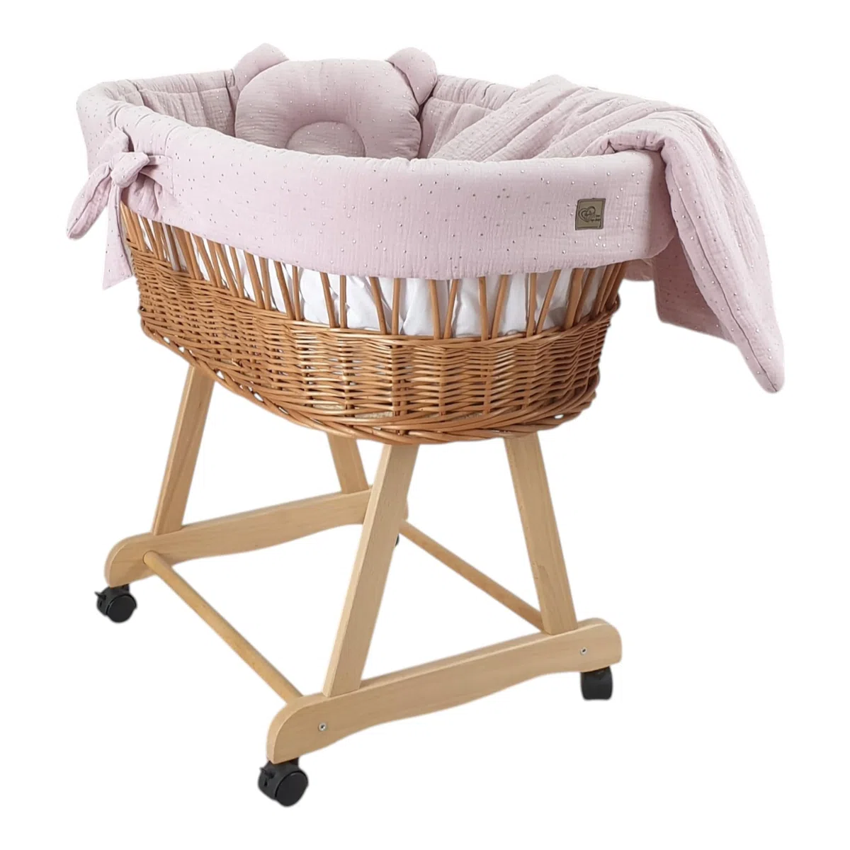 WIKLINOPOL - Moisés completo con cesta de moisés natural, colchón y ropa de cama de algodón 100% en color lila dorado, espacio seguro para dormir con ruedas y freno, modelo Amelia