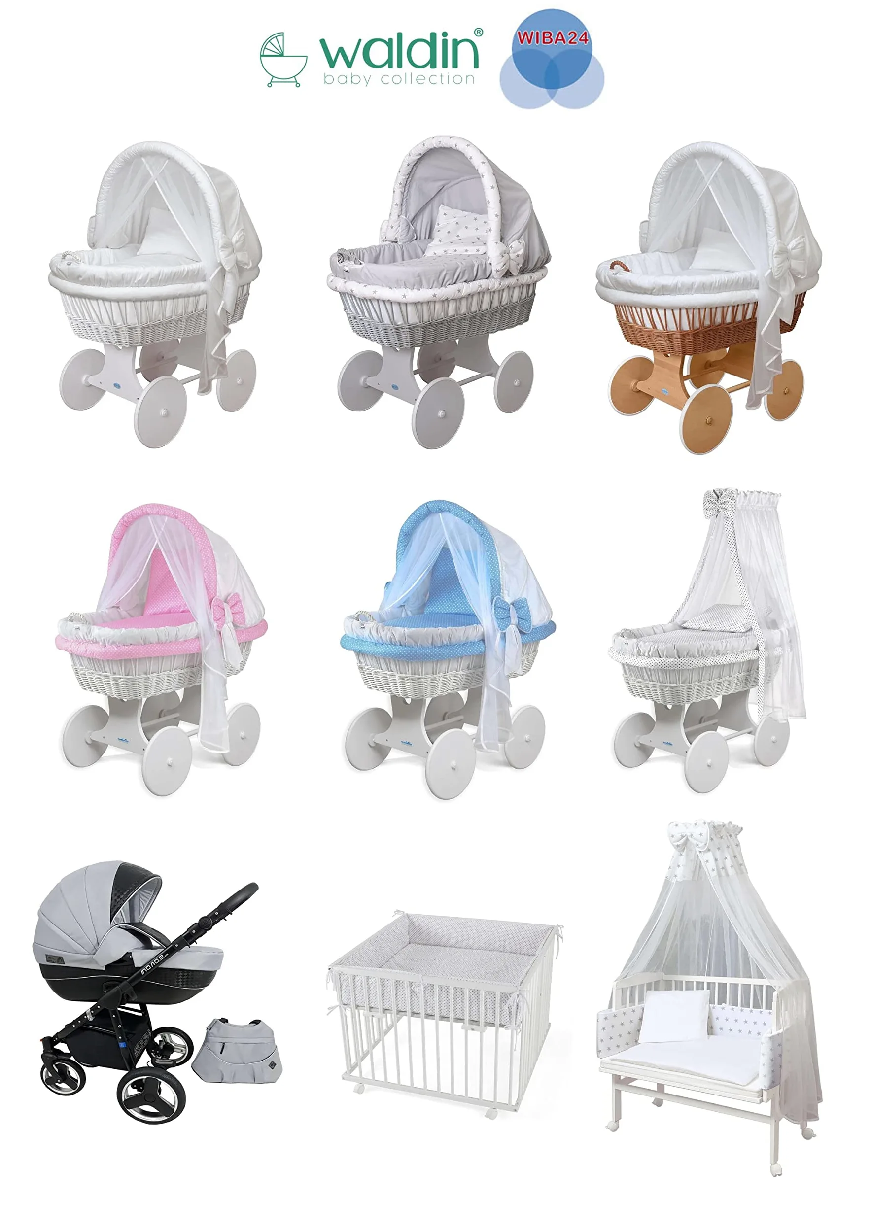 waldin Cuna Moisés, XXL, 6 Modelos a Elegir,Madera/Ruedas Lacado en Blanco,Color Textil Blanco