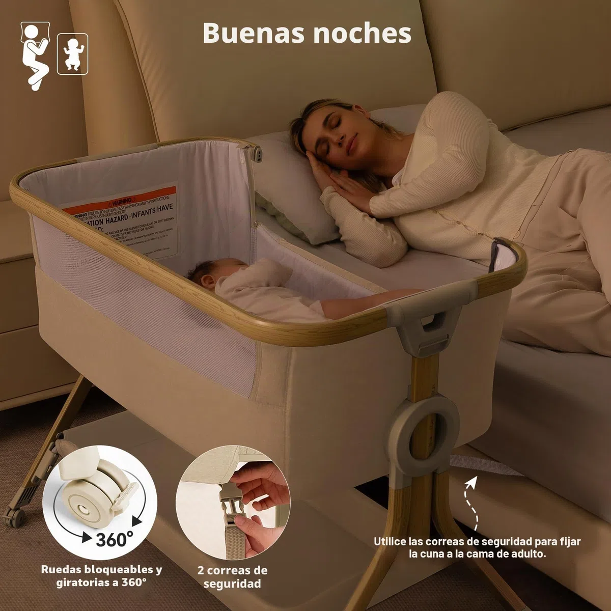 Larex Cuna Colecho para Bebé bassinet para recién nacido y bebé con mosquitera, bolsa y cesta de almacenamiento, 5 alturas ajustables,4 Ruedas con Freno, colchón transpirable y paredes de malla(Caqui)