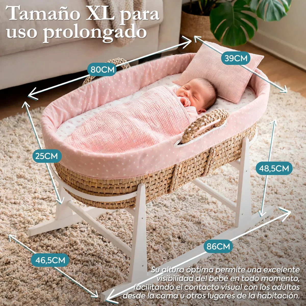 Cambrass-moisés para bebé con Soporte de Madera-capazo de Palma para los Primeros Meses del bebé-moisés de Mimbre con Asas para facilitar su traslado - Abete Beige/Natural 39x80x25 Cm