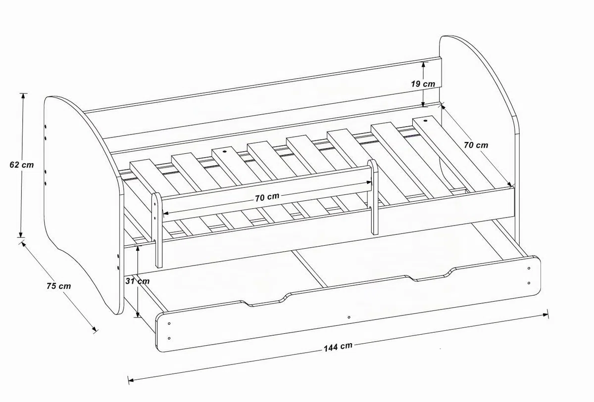 Cama infantil y juvenil Acma II con un cajón y colchón, color blanco blanco Weiß Talla:140x70 cm + Schublade