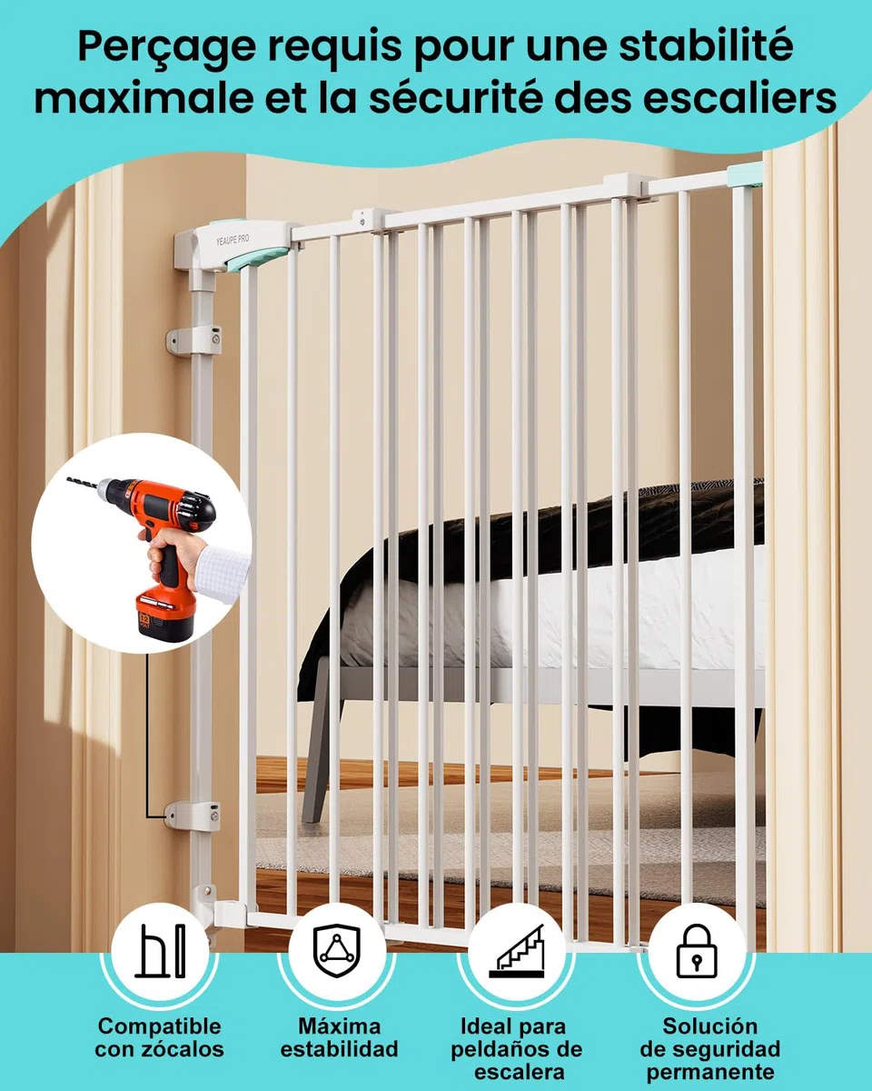 YEAUPE PRO Barrera de Seguridad Escalera Extensible de Metal, 75-110 CM, para Taladrar, Valla de Seguridad Infantil, Barrera de Escalera para Bebés y Niños Pequeños, Puerta de Seguridad, Blanco