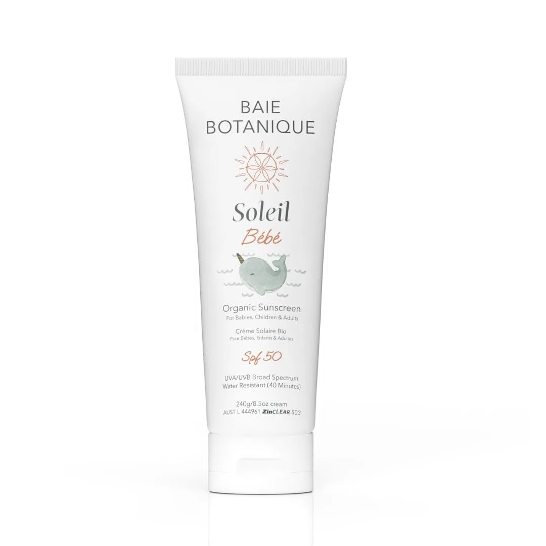 Baie Botanique Soleil Bébé Tube - Protección solar mineral biológica no tóxica para bebés y niños, SPF 50, girasol y jojoba, sin perfume, natural, vegano, sin huella blanca, arrecife