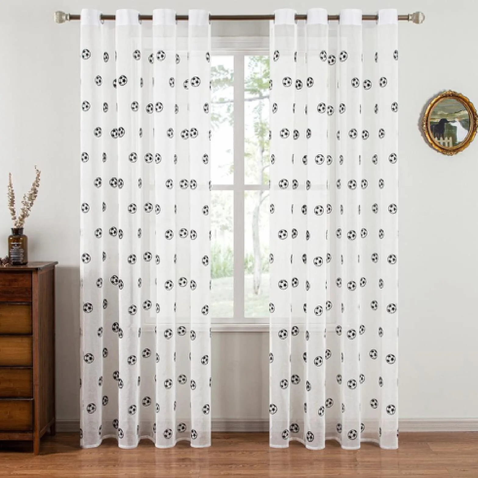 Cortinas Dormitorio Modernas Cortina Transparente Tul Fútbol Blanco 1Pcs W39In H51In