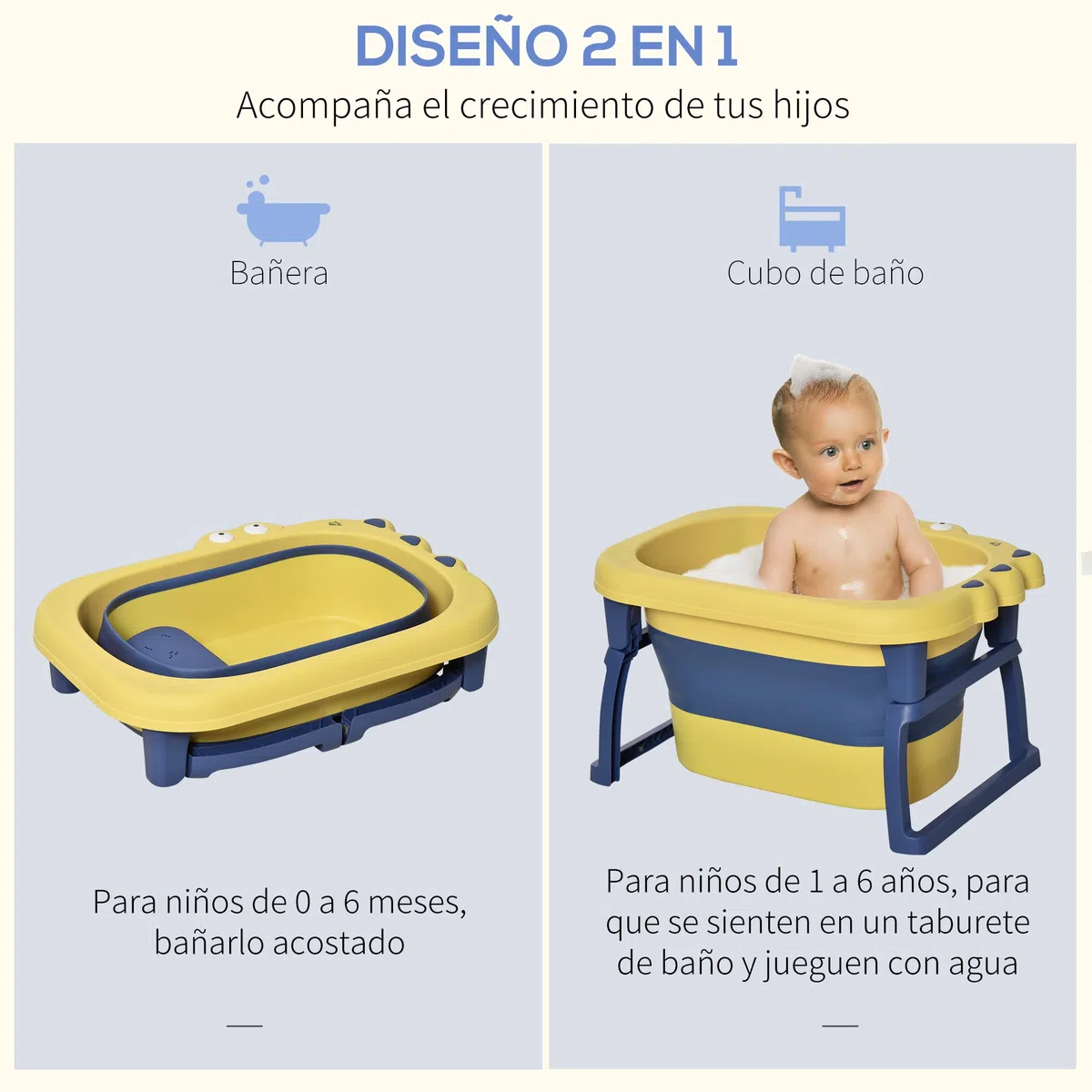 HOMCOM Bañera Plegable para Bebé de Recién Nacidos hasta 6 Años Bañera Portátil para Niños con Patas Antideslizantes 105L Amarillo y Azul
