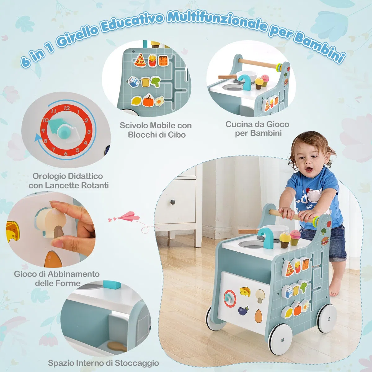 RELAX4LIFE Andador de Madera para Bebés con Accesorios y Ruedas, Carrito de Helados de Juguete Multifuncional, Juguete Montessori, Centro de Actividades para Niños 1+ Año (Azul)
