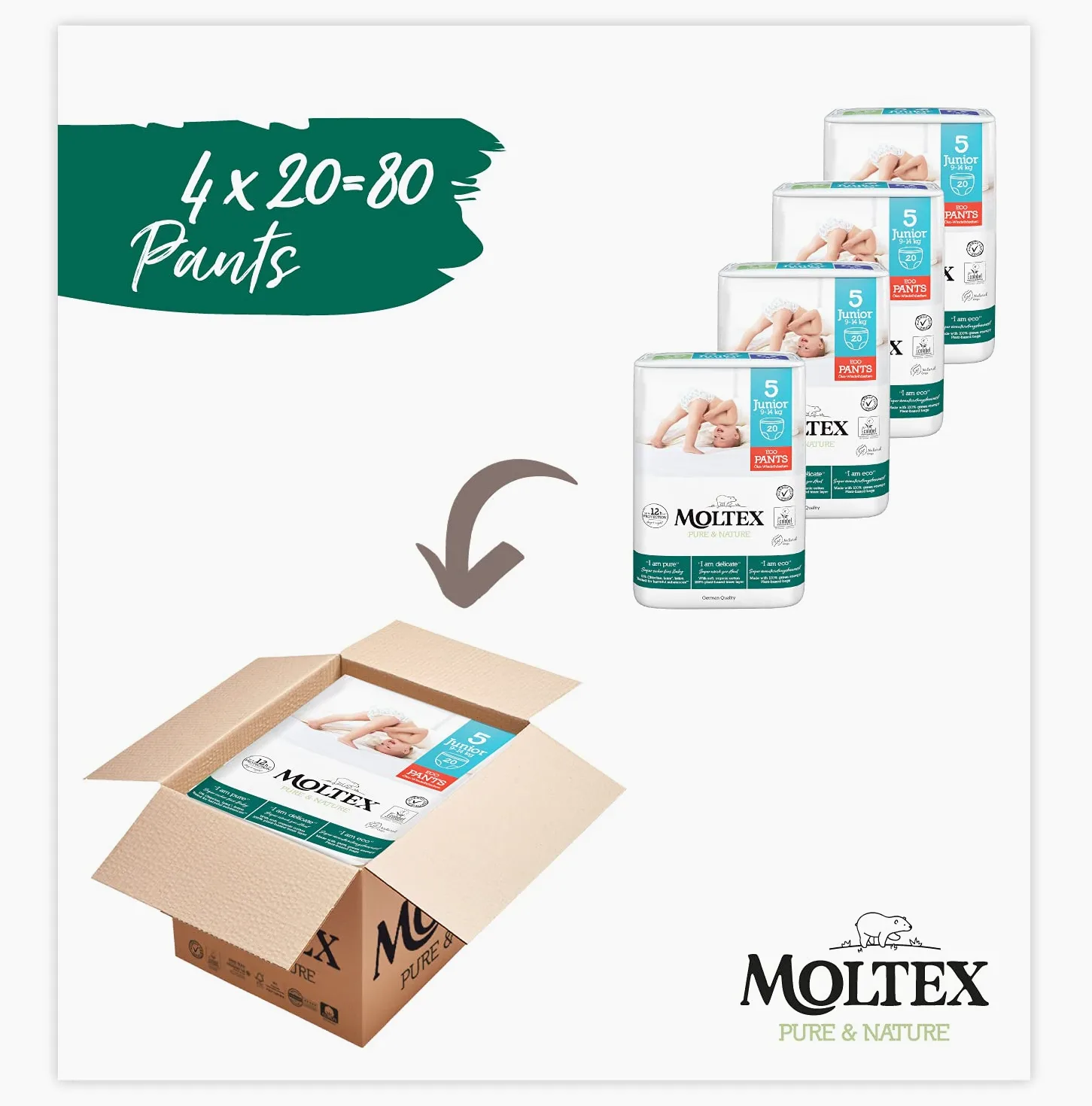 Moltex Pure & Nature Pants Ecológicos Talla 5 (9-14 Kg) - 80 Pants (4 Bolsas De 20 Unds)