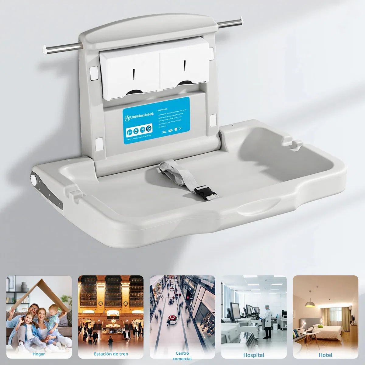 Cambiador con escudo de Bebé Cambiador de Pared Cambiador de Bebé Plegable Cambiador de Pañales Baños Comerciales Horizontal HDPE Meterial con Correa de Seguridad Blanco Gris