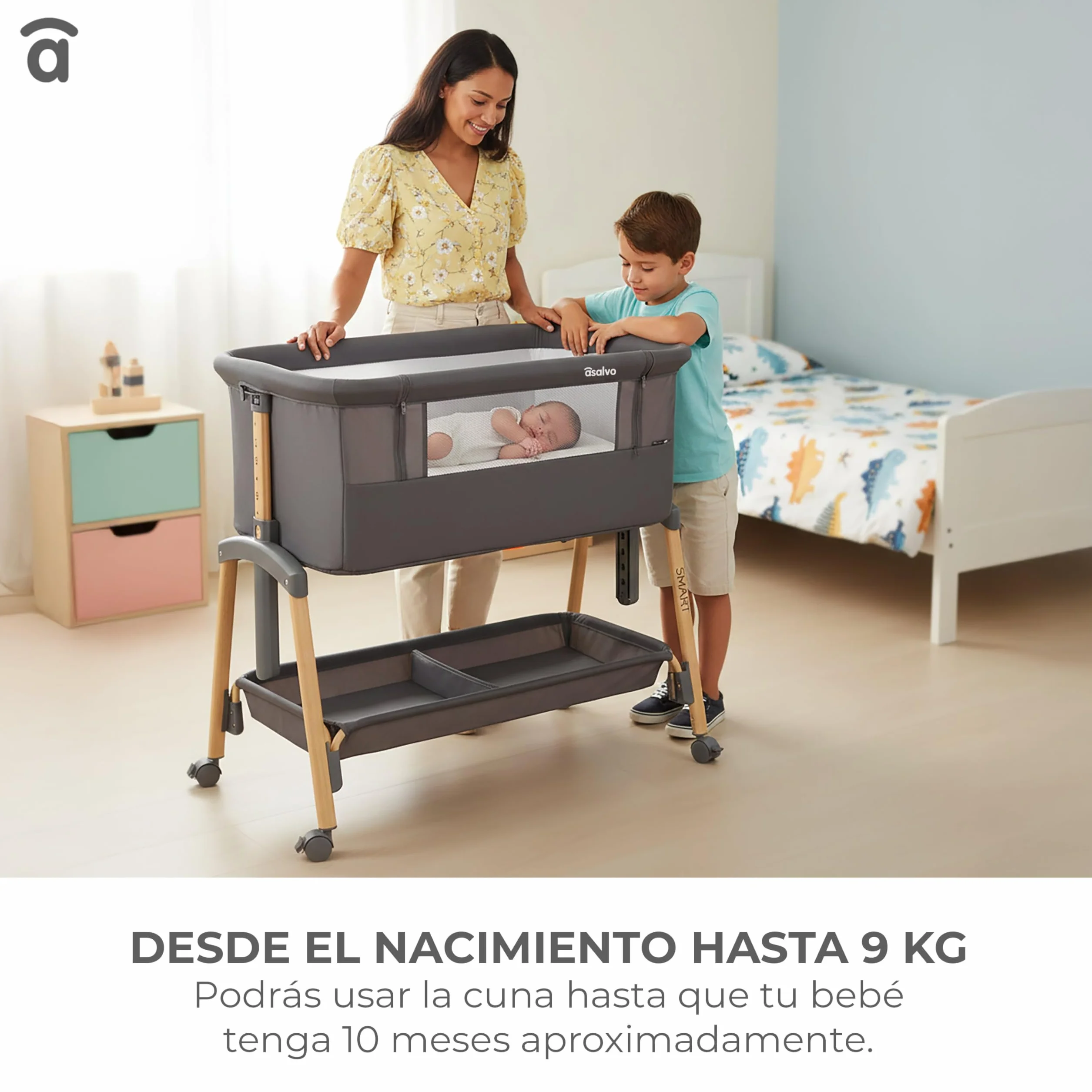Asalvo Smart Minicuna Colecho Bebé 2 en 1 – Cuna Colecho con 7 Alturas Regulables, Ruedas con Freno, Colchón Incluido