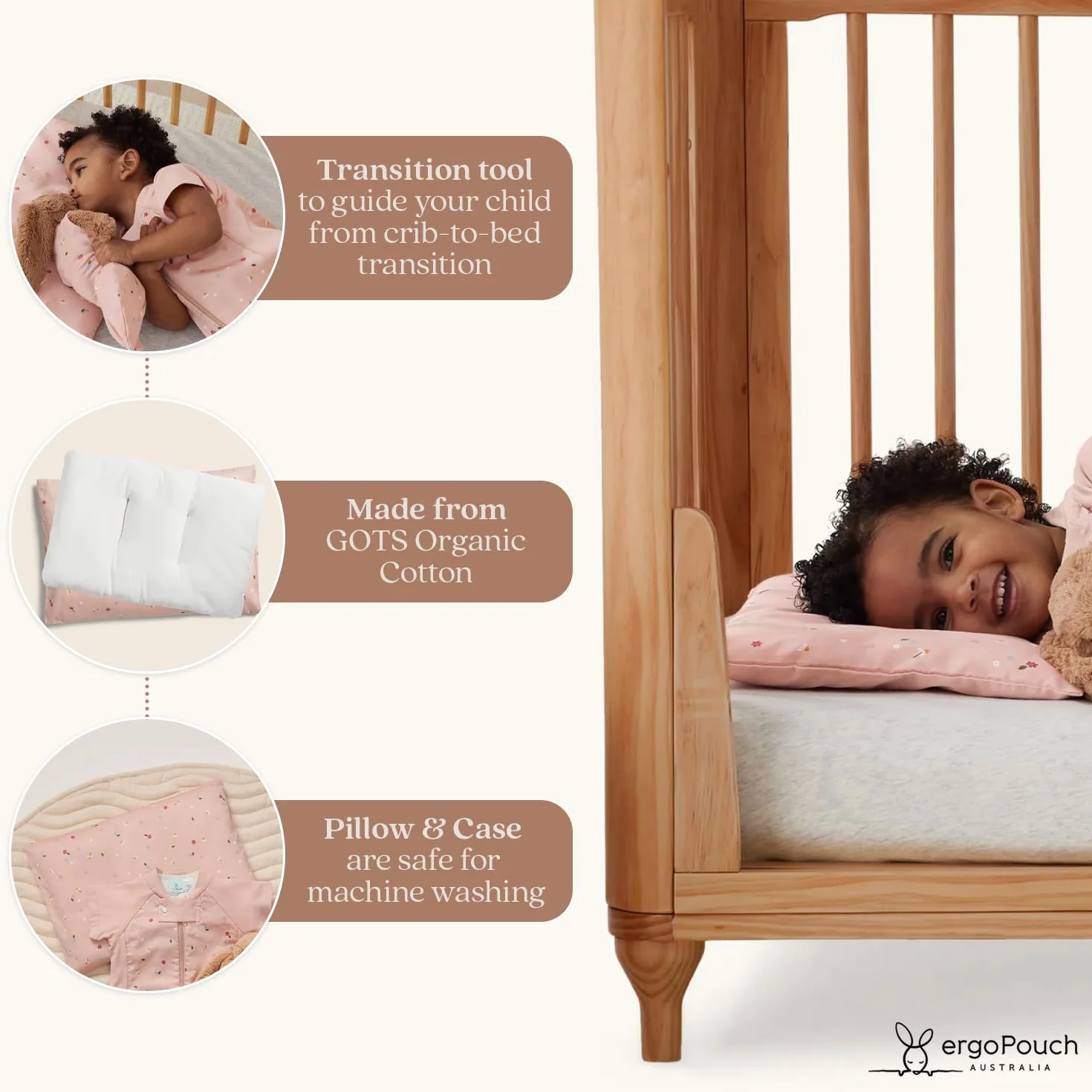 ergoPouch Almohada orgánica para niños pequeños, perfil bajo 1 pulgada, algodón GOTS, lavable a máquina
