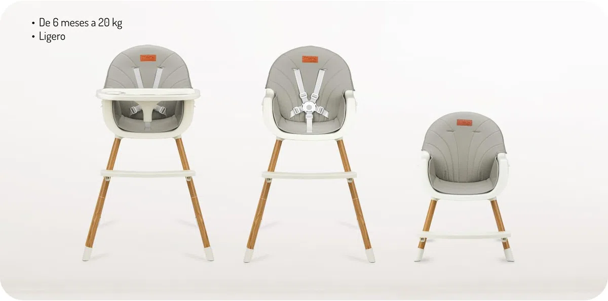 MoMi REKI Trona Bebé 3 en 1 Evolutiva, Trona hasta 36 Meses y Silla Infantil hasta 5 Años, Fácil de Limpiar, Bandeja Desmontable, Arnés de Seguridad, Reposapiés, Juguete Incluido, Gris