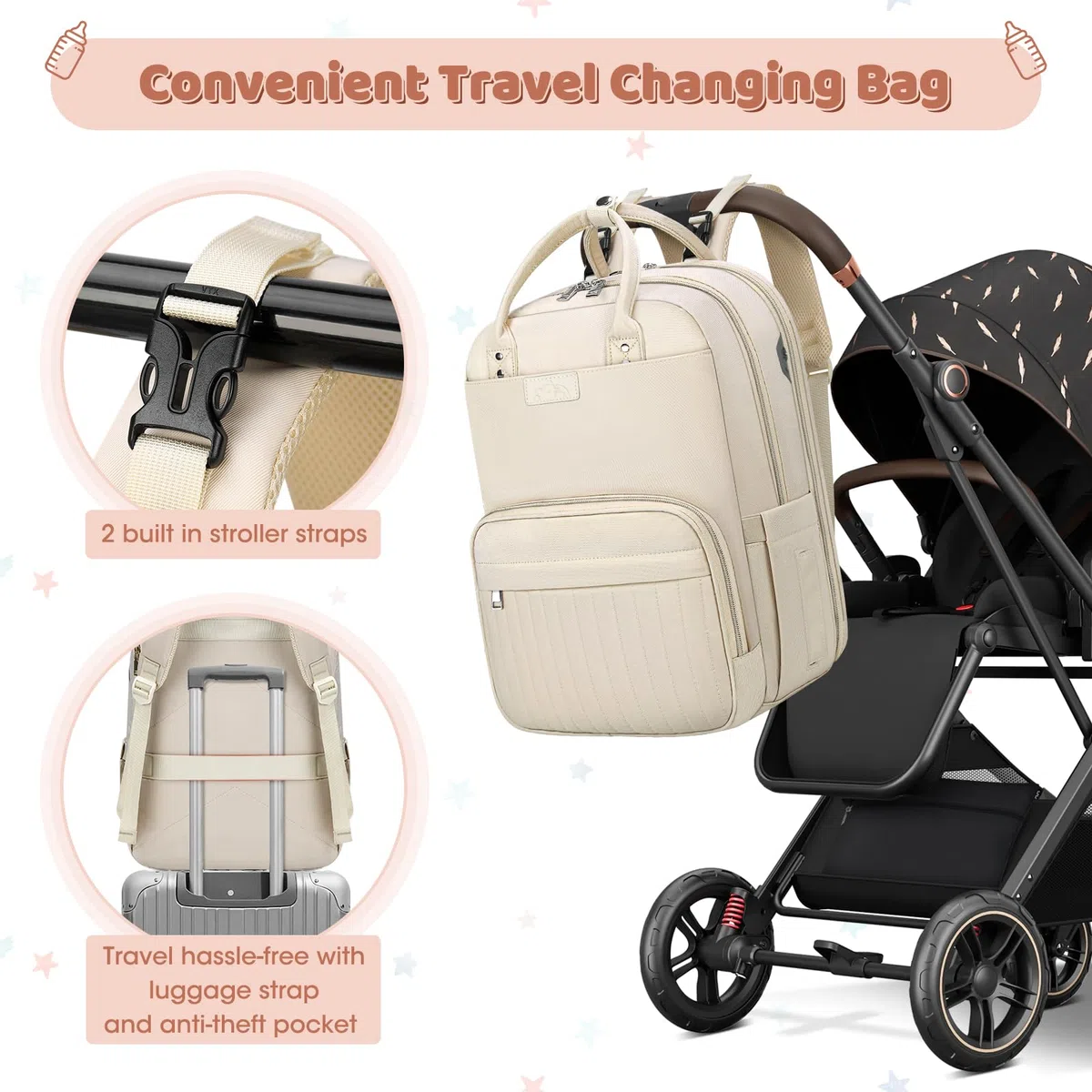 RAINSMORE Mochila Bebe Mochila Carro Bebe Pañaleras para Bebes Multifuncional Mochila Maternidad con Cambiador Bebe Plegable y Correas de Cochecito Beige