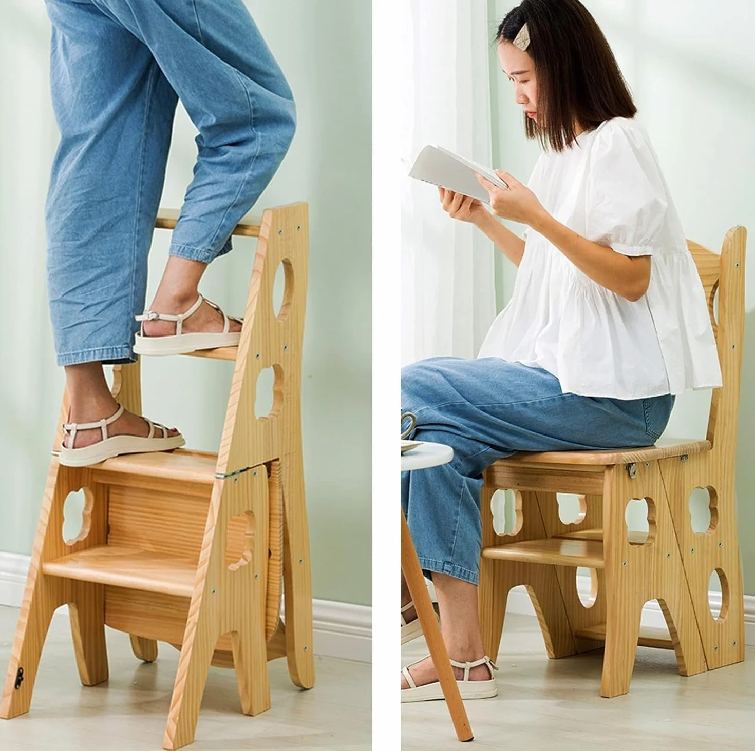 ATAA Silla Escalera de Madera Natural 3 en 1, 4 Peldaños, 88 cm, Taburete Transformable