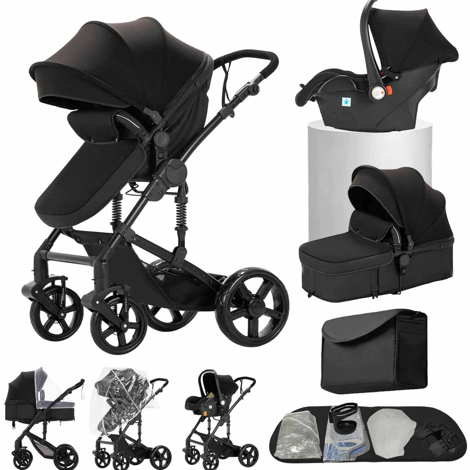 Carrito bebe 3 en 1, Capazo, Cochecito Deportivo y Silla de Coche, para Bebés de 0 a 36 Meses (Negro)