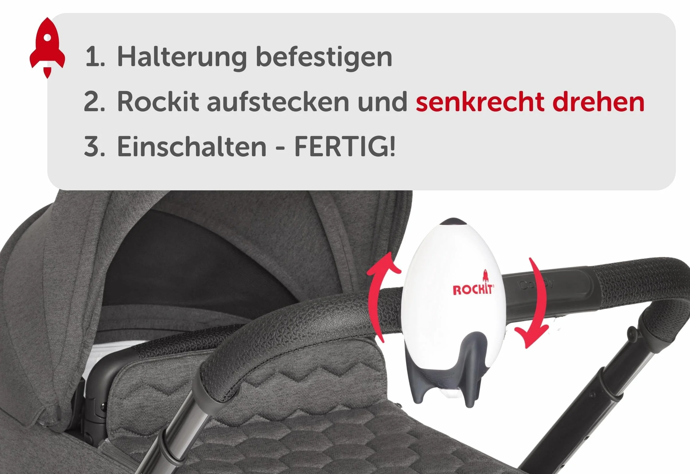Rockit Rocker - Soporte universal extra (giratorio) soporte adicional para segundo cochecito o carrito de bebé - compatible con ambas versiones de Rockit Rocker (batería + USB)