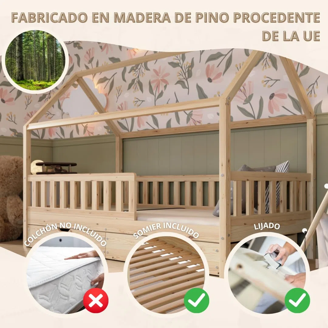 Cama Montessori en Forma de Casa 190x90 cm - Cama Infantil con Protección contra Caídas 40cm y Barrera Abrible - Camas Infantiles niño - Madera Natural con Cajones