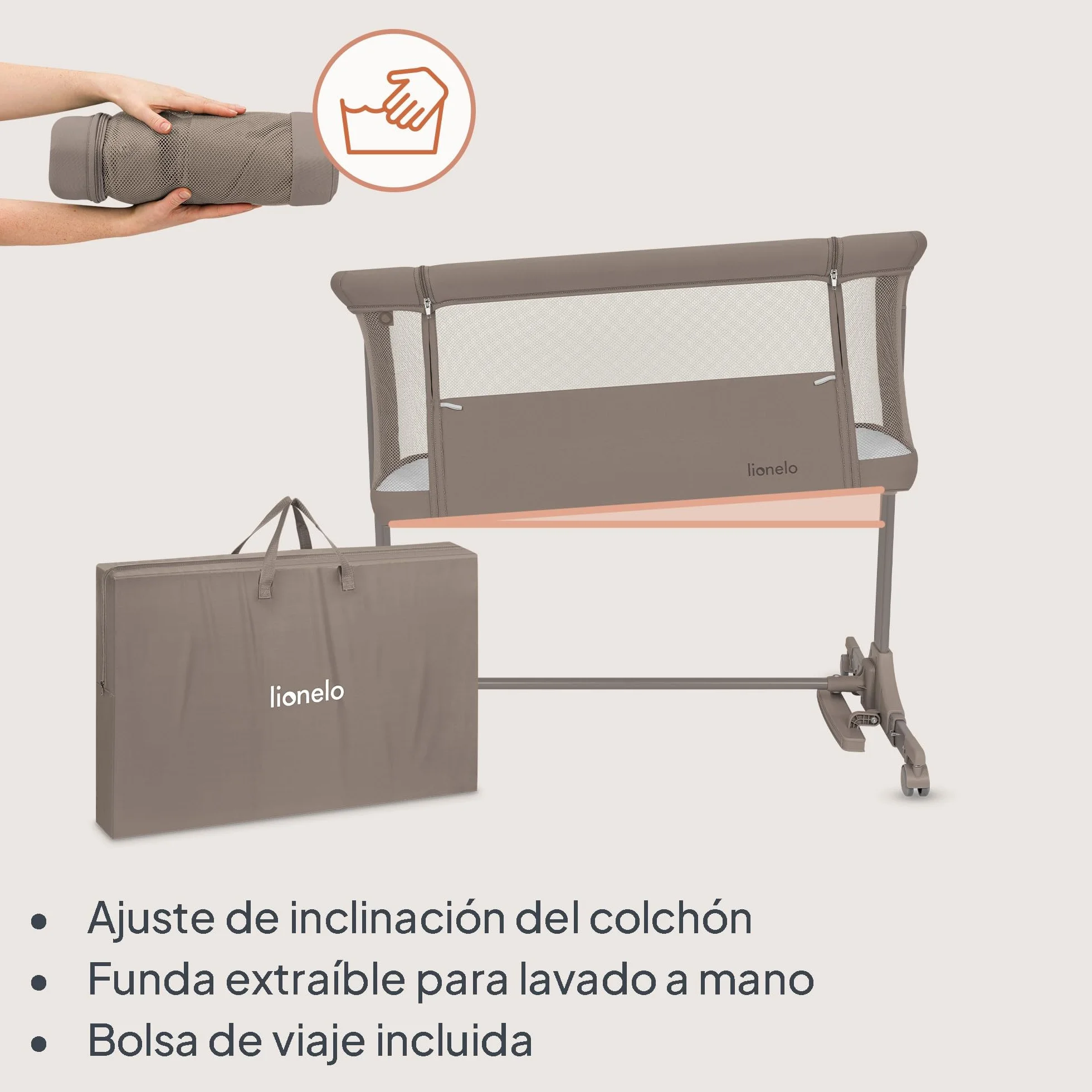 lionelo Pari Cuna 3 en 1 hasta 9 kg, Cuna de colecho, Cama Mecedora, Ajuste de Altura e inclinación del colchón, 4 Ruedas con Freno, Colchón Ergonómico, Malla Transpirable, Bolsa, Minicuna | Estructura de acero