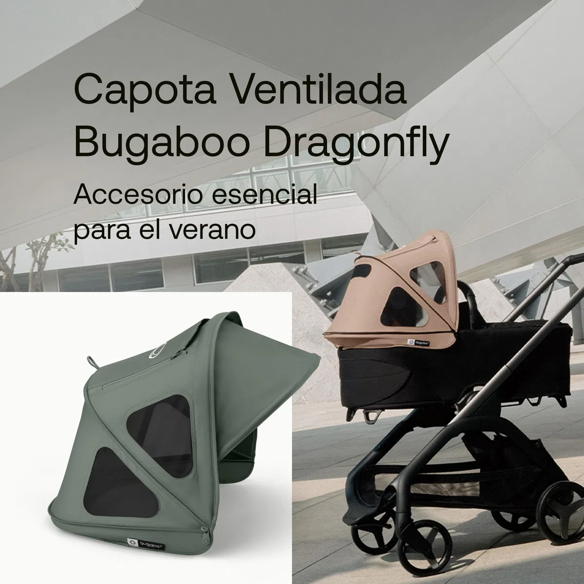 Bugaboo Capota ventilada Dragonfly, extensible para una protección adicional y una protección solar óptima, repelente al agua, Forest Green
