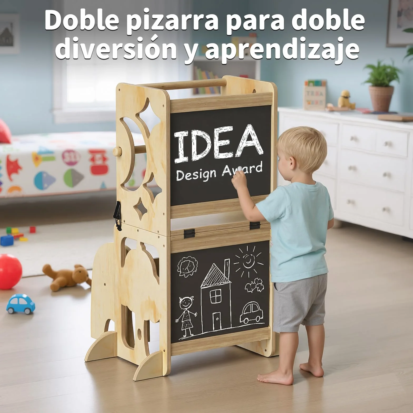 COSYLAND Torre de Aprendizaje Infantil 4 en 1 con Barandilla de Seguridad, Plegable, Doble Pizarra, Natural