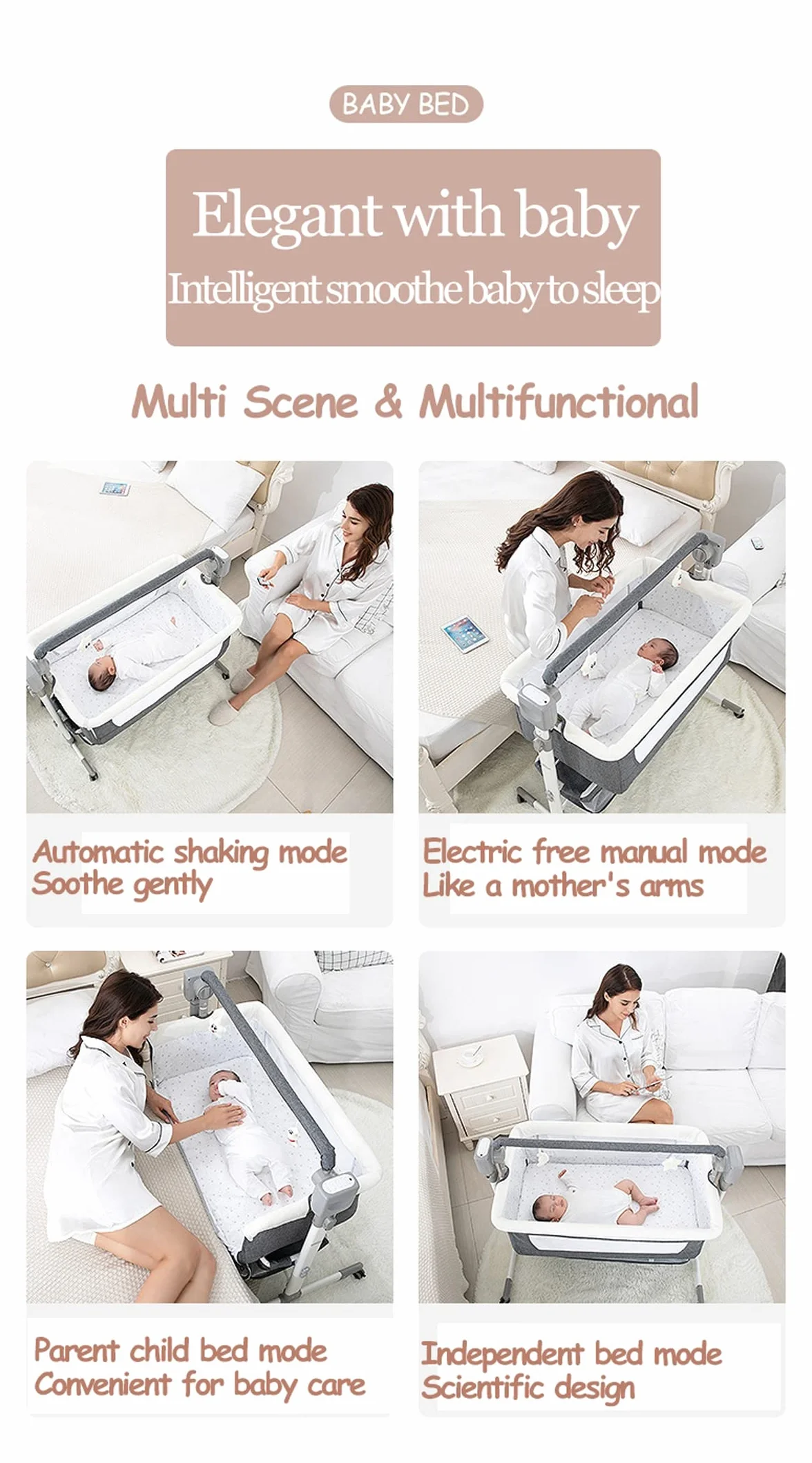 Magic ZC Eléctrico Bluetooth Inteligente Cuna Colecho Bebe, Cuna Next to me Convertible, 5 Engranajes de Balanceo y Control Remoto, Plegable Colecho Bebe con Colchon, Música (601 Beige)