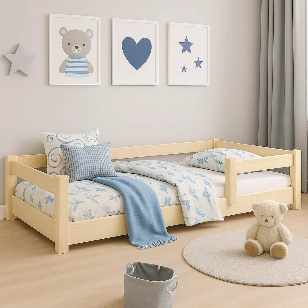 KOBI Cama Infantil 120x60 cm, con barandilla - Nordi Cama de Suelo de Madera de Pino Natural