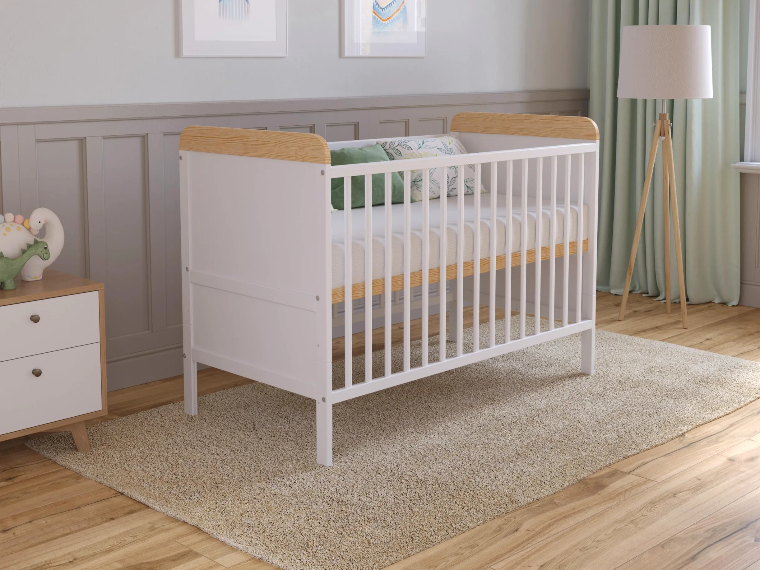 Love For Sleep Cuna Convertible en Cama 120x60 cm - Incluye Colchón - Madera Blanco-Pino, Juego Completo para Bebé - Cama Evolutiva 2 en 1