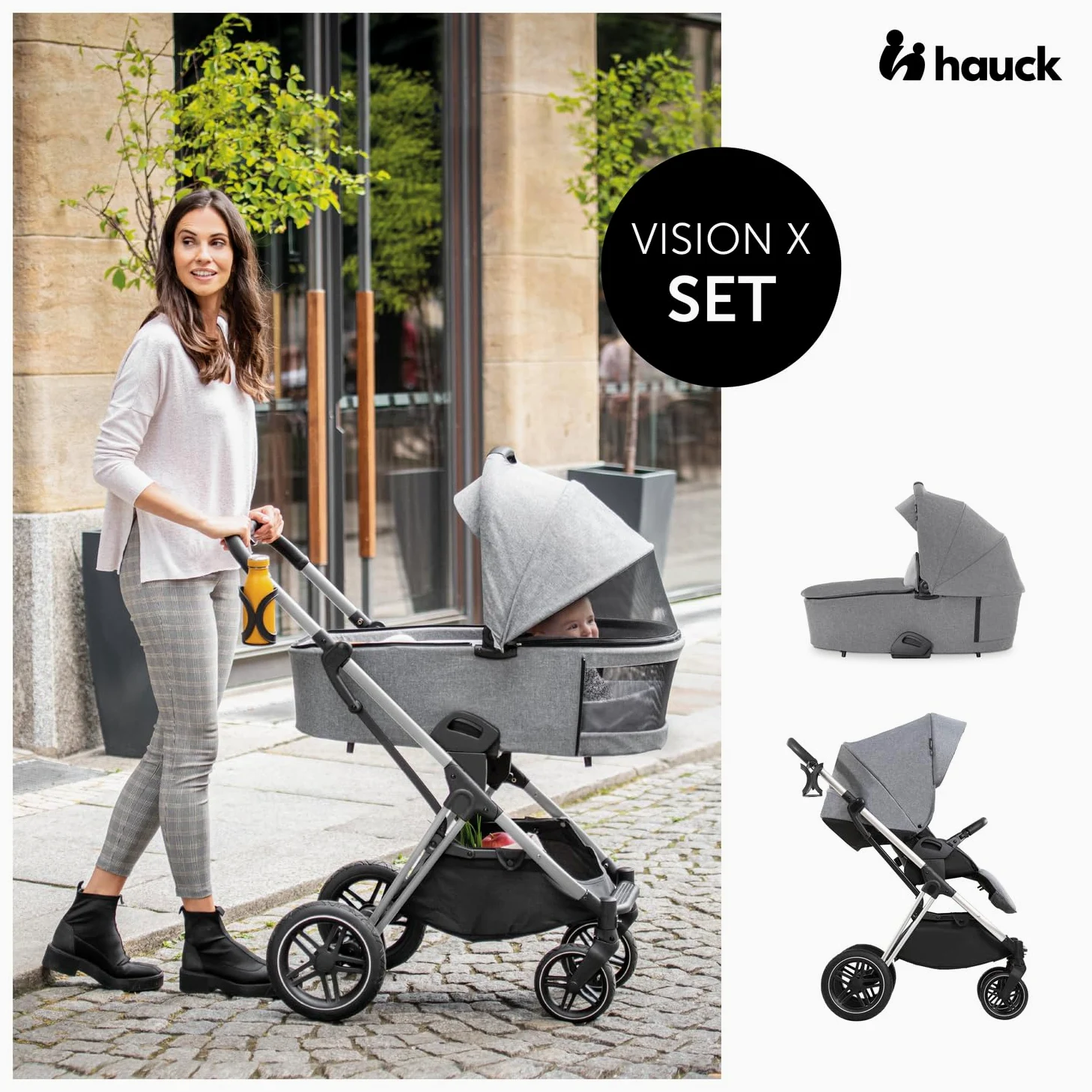 hauck Carrito Bebé 2 en 1 Vision X Set - Capazo desde el Nacimiento - Silla de Paseo 22 kg Reversible y Reclinable - Cubrepiernas - Ruedas de Goma - Plegable - Compacto - Gris Claro