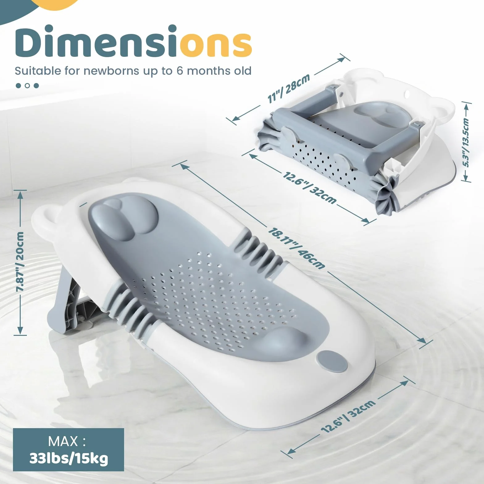 Orzbow Plegable Soporte Bañera Bebe, Estable Soporte Baño Bebe con Estructura Triangular, Base Antideslizante con Ventosas, Tacto Suave, Adecuado para Recién Nacidos, Portátil, Gris