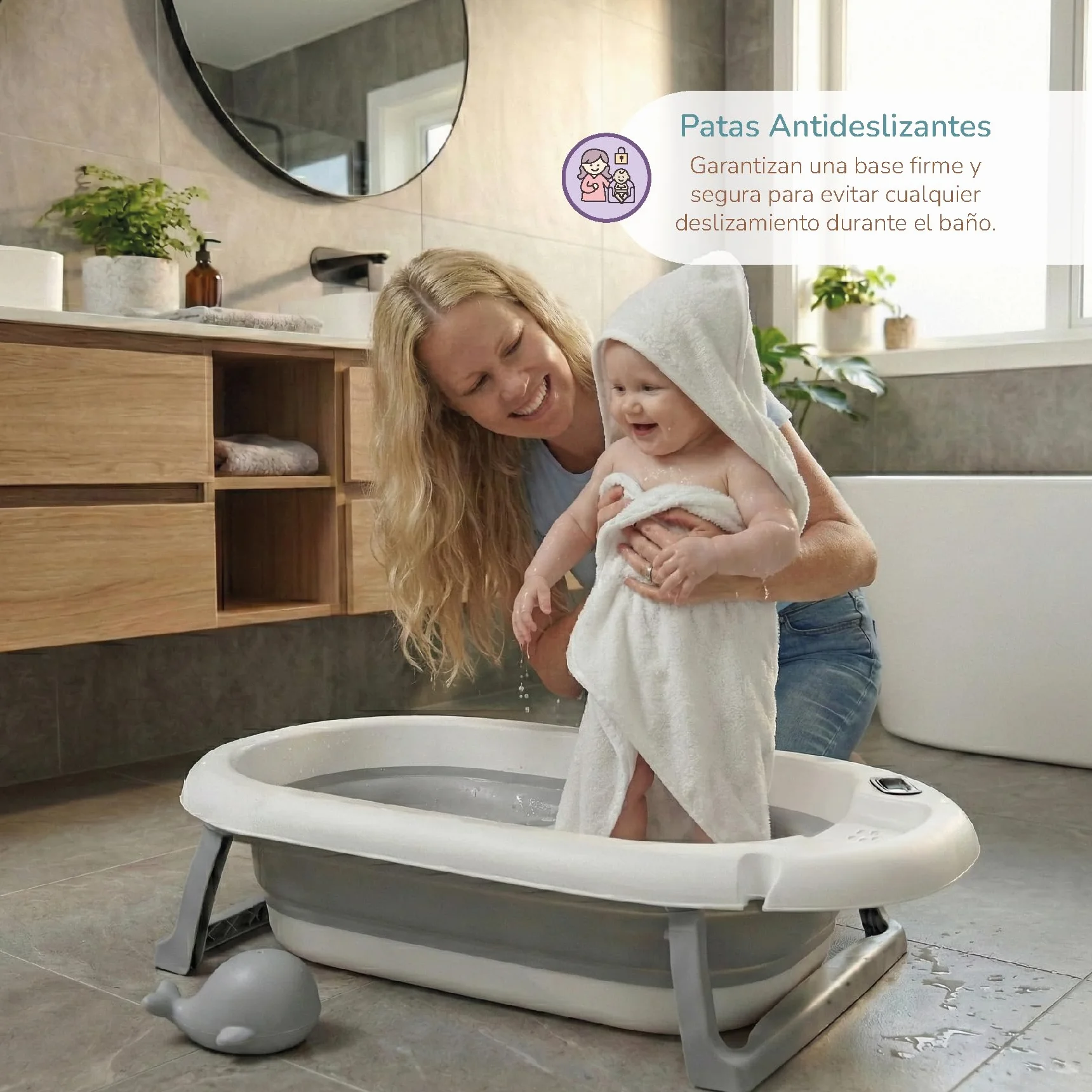 Buddy Baby - Bañera Plegable BebéSplash con Temperatura - Desde 0 meses - Cojín reductor extraíble - Base antideslizante - Tapón desagüe - Diseño compacto y portátil - Regadera ballena