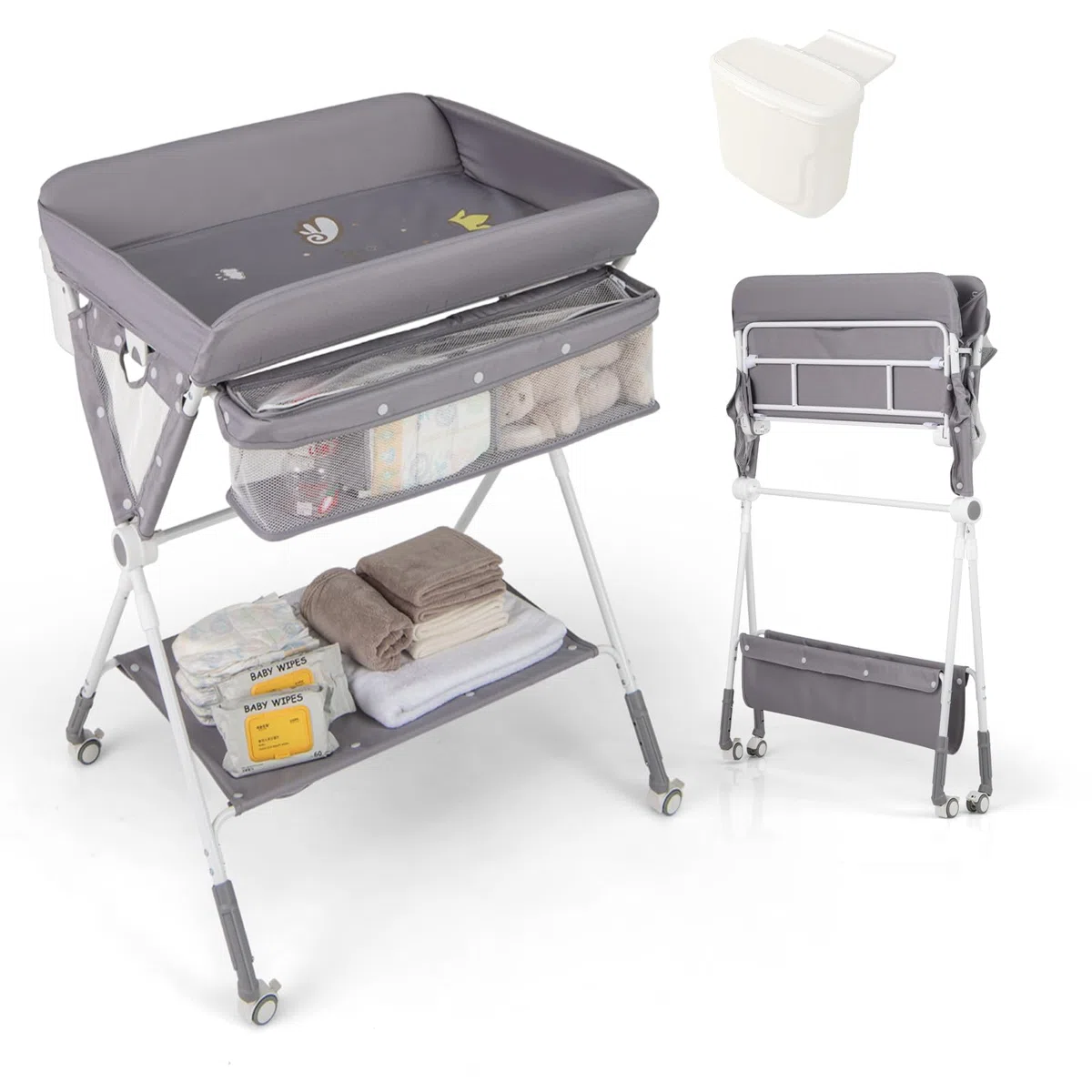 LIFEZEAL Cambiador 3 en 1 para Bebé, Cambiador Plegable con Ruedas, Cambiador de Pañal Ajustable de Tejido Oxford y PP, Capacidad de Carga 15 KG, no incluye bañera (Gris)