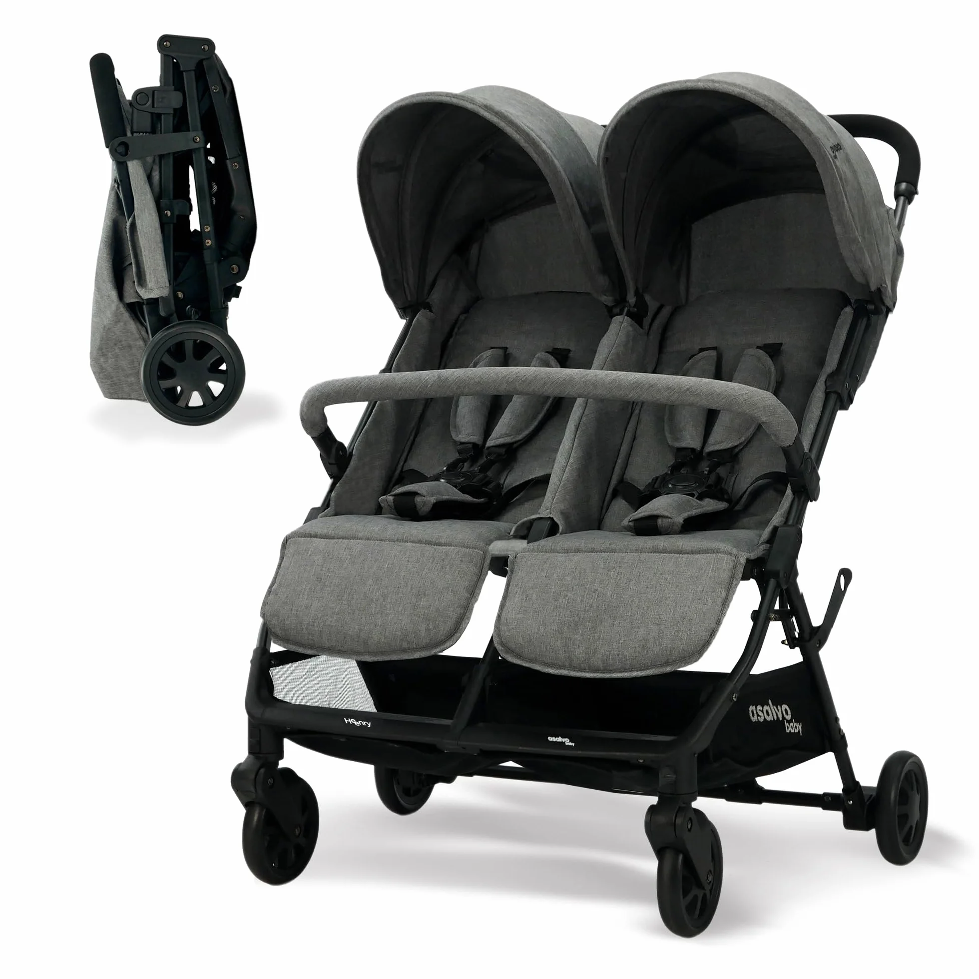 Silla de Paseo Doble para Gemelos o Hermanos, Ligera, Reclinable y Plegable con Capotas y Freno Trasero – Asalvo DOUBLE HENRY Gris