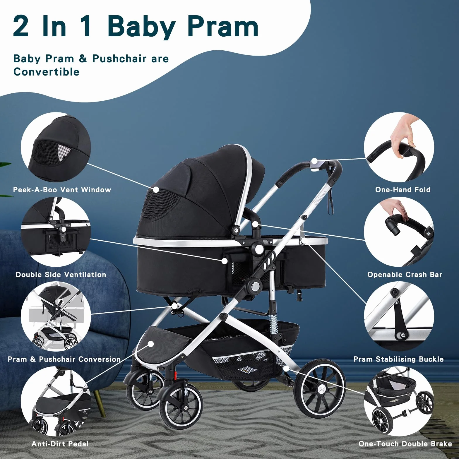 3 en 1 Cochecito de Bebé, Sistema de Viaje, Carrito Bebé Plegable con Un Solo Clic, Silla de Paseo, Capazo y Asiento de Cochecito con Mosquitera, Silla de Coche Alto para Recién Nacido 0-4Años