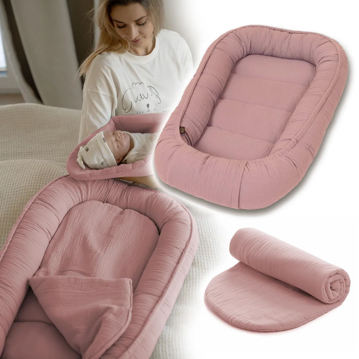 PaLulli Nido para bebé de 100 x 60 cm, muselina suave con colchón, nido de dormir, capullo, cuna de viaje para recién nacidos, 100 % algodón (rosa)