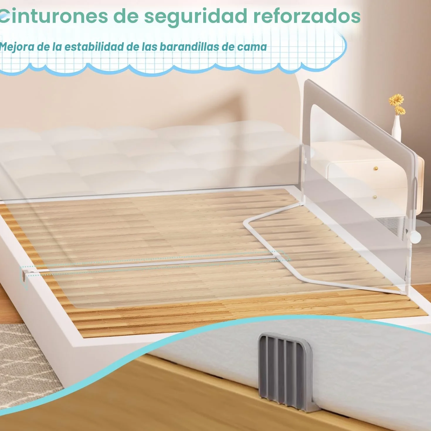 Barrera para cama de 180 cm, protección contra caídas, plegable 180 grados, altura ajustable 72-86 cm, rejilla para cuna con patas trapezoidales y correas de fijación, gris