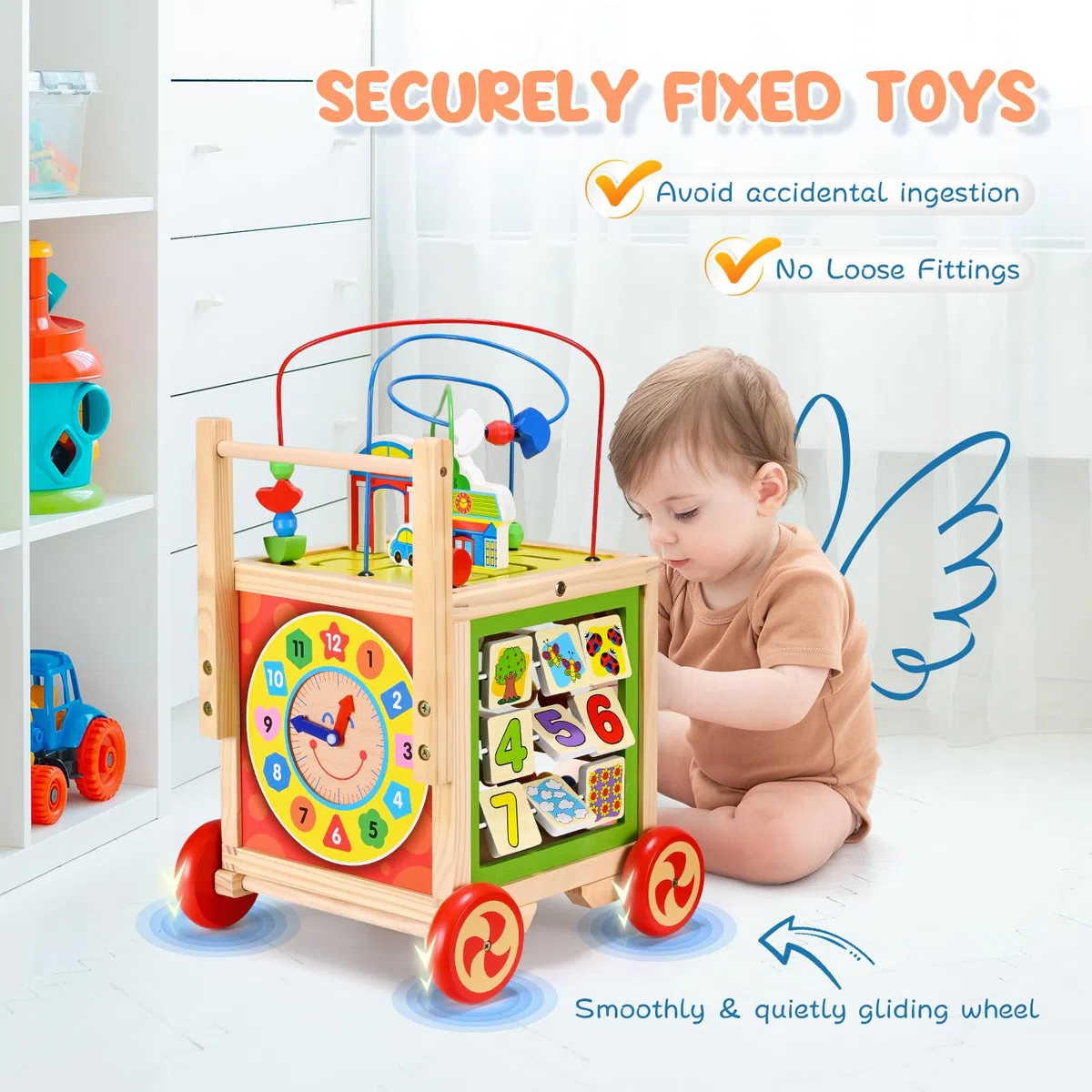 Andador de madera para bebés, andador multifuncional con 5 actividades, mango ajustable, estructura triangular estable, juguete educativo para niños pequeños a partir de 1 año