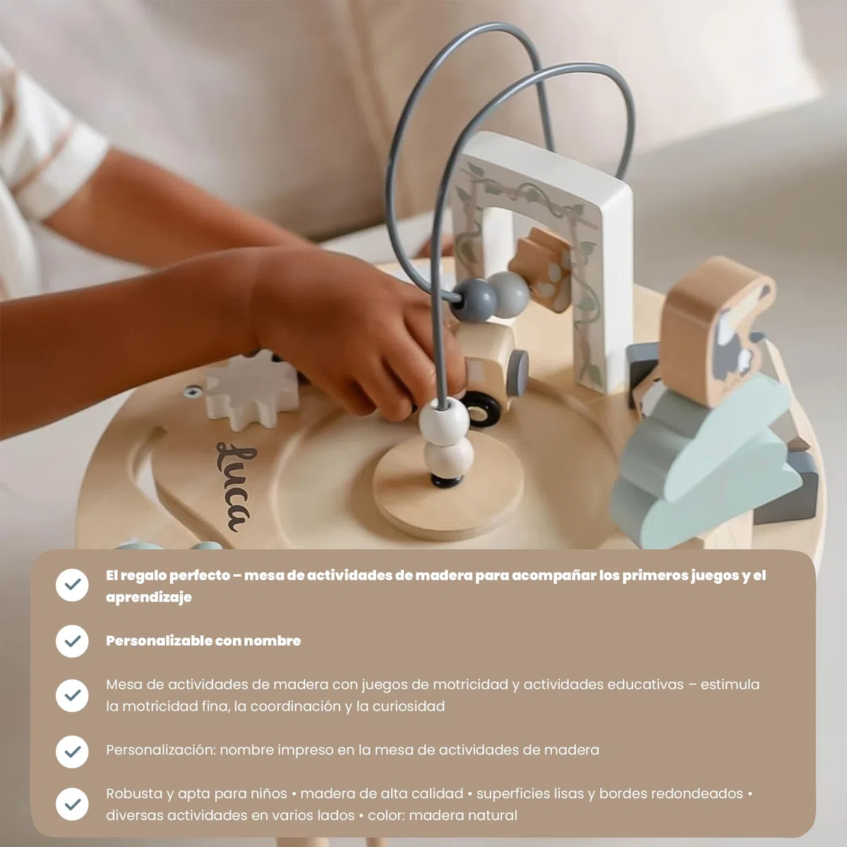 Personalizable Mesa de Actividades de Madera – Juegos de motricidad y Actividades educativas – para bebés y niños pequeños – Personalizada con Nombre – Tryco