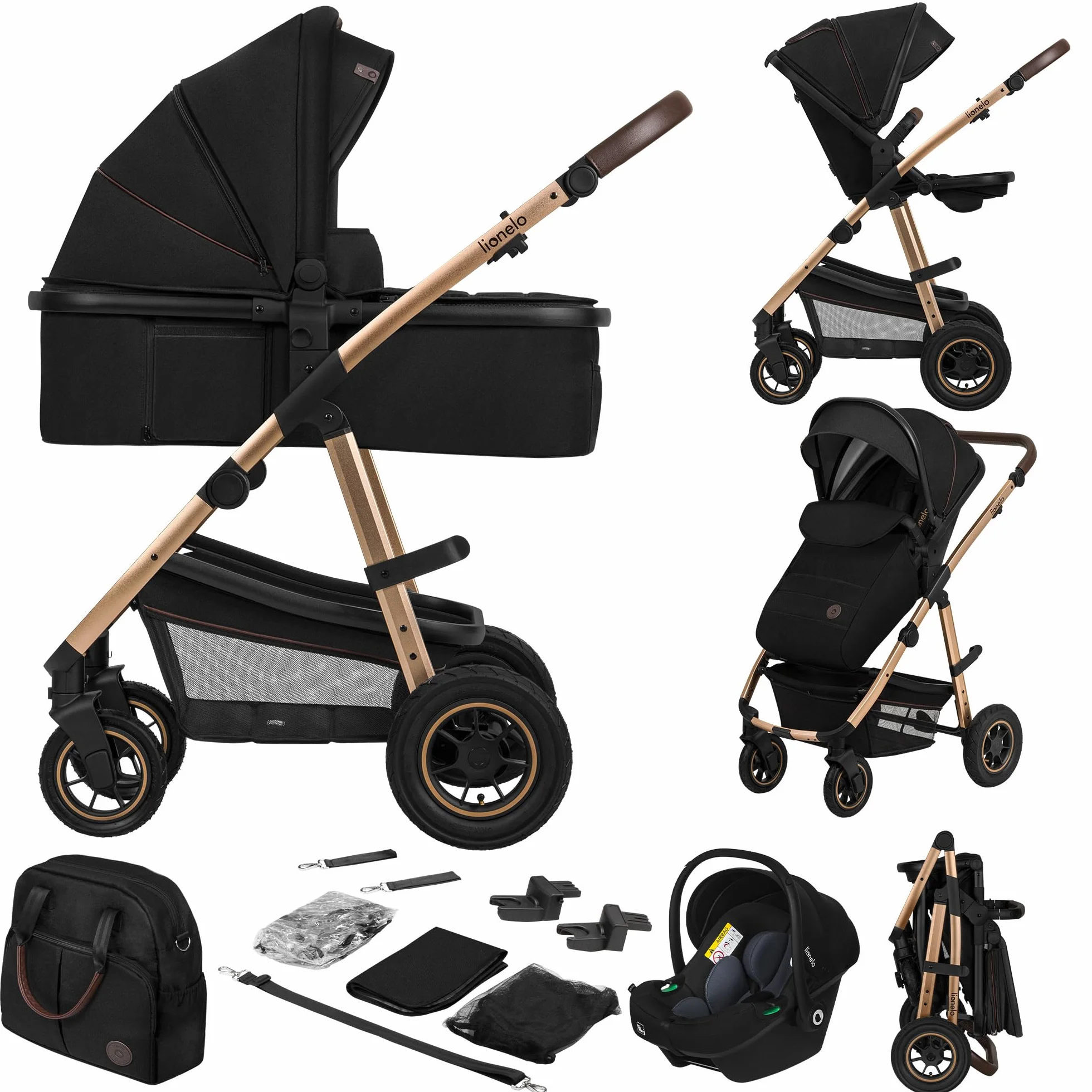 LIONELO Amber Coche de bebé multifuncional 3 en 1 Conjunto silla de paseo con el Asiento de Cubo e Capazo Manillar regulable Bolsa Mosquitero Protector de lluvia Asiento de coche