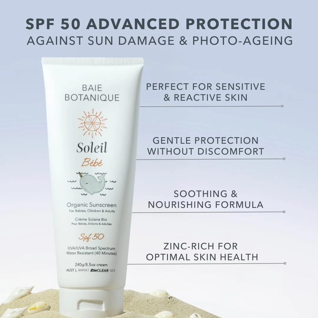Baie Botanique Soleil Bébé Tube - Protección solar mineral biológica no tóxica para bebés y niños, SPF 50, girasol y jojoba, sin perfume, natural, vegano, sin huella blanca, arrecife