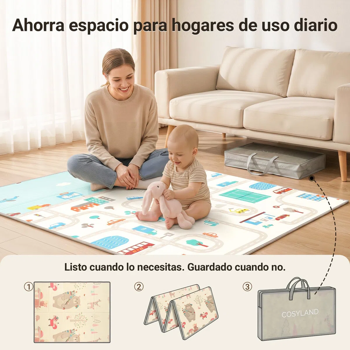 COSYLAND Alfombra Bebé Acolchada Plegable XPE Reversible, Tapete de Juegos Infantil Antideslizante e Impermeable para Suelo, Colchoneta Bebé, Oso Gordito y Ciudad de Coches, 120 x 180 x 1 cm