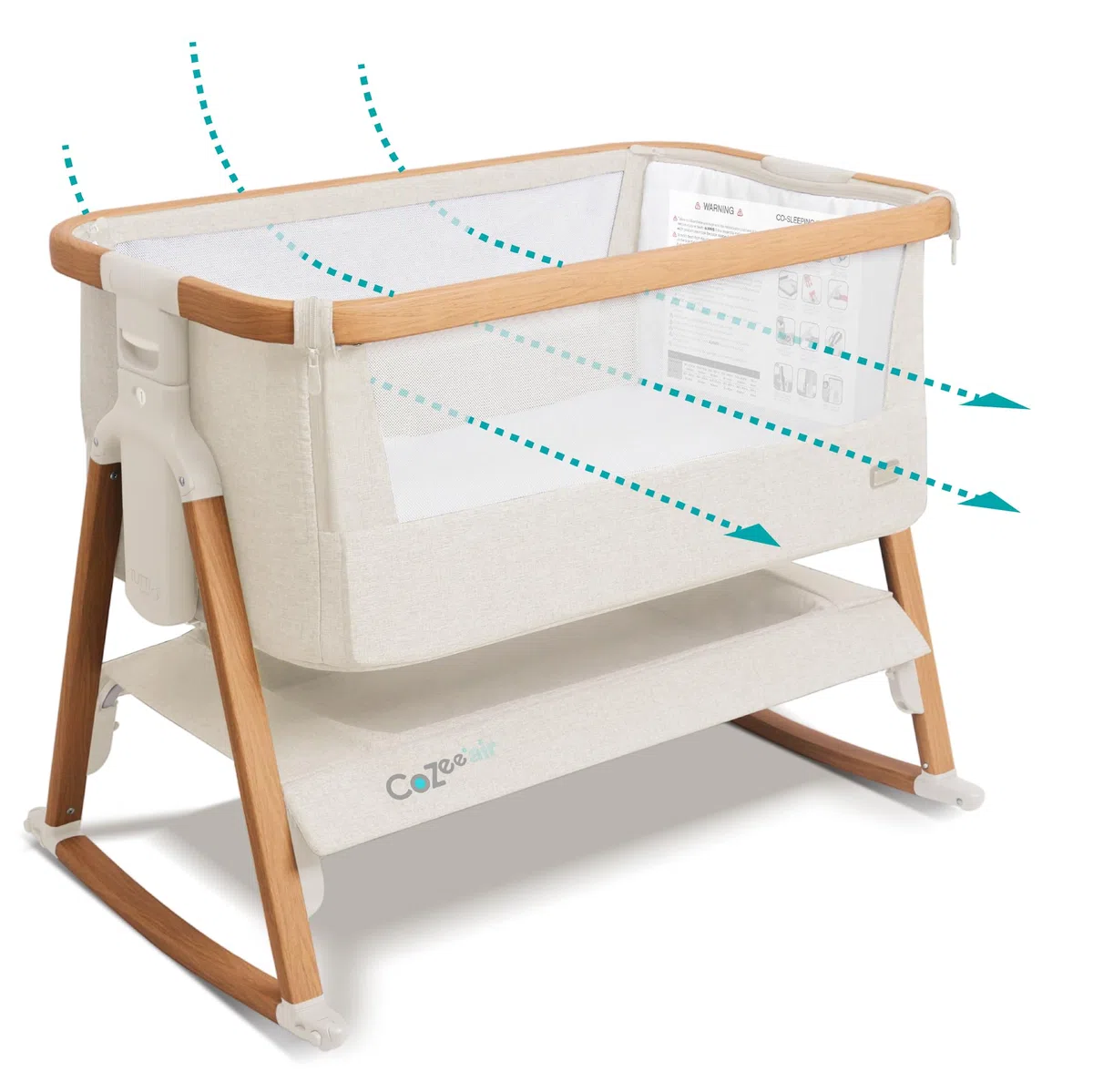 Tutti Bambini CoZee® Air Moisés y Cuna Colecho Bebé - Cama Colecho Bebé - Plegado Rápido - Bolsa de Transporte - Colchón Deluxe Transpirable con 6 Alturas - 0-6 Meses (Nogal y Crudo)