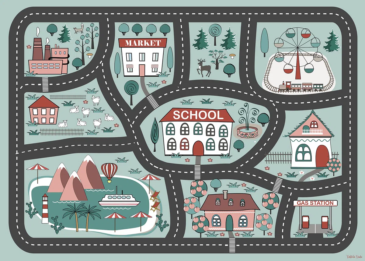 DobleUve Estudio Alfombra Vinílica Infantil 03 | Color Azul | 200x300 cm | Lavable | Carretera Infantil Grande | Habitación