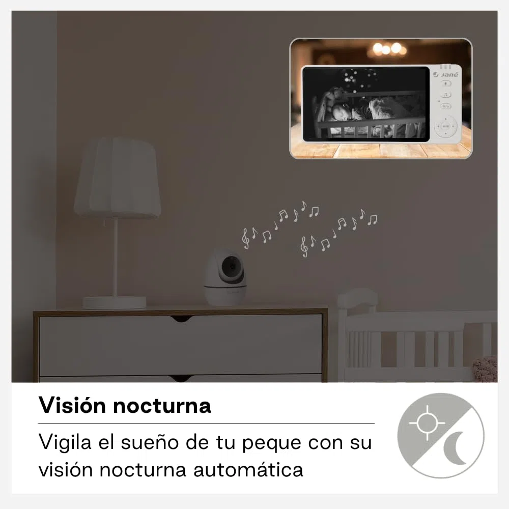 Jané Eye Pro Baby Monitor, Vigilabebés con Cámara Giratoria, Inclinación Motorizada, Pantalla 5", Audio Bidireccional, Visión Nocturna, Gran Alcance, con Música, Batería Bajo Consumo