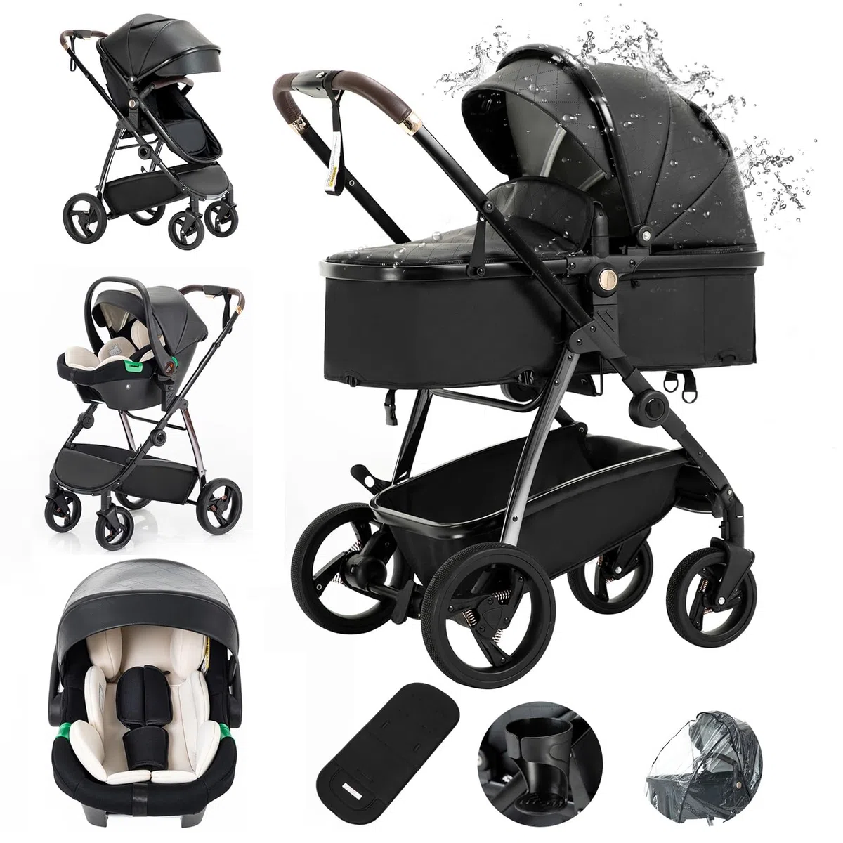 Gcarebb Cochecito de cuero 3 en 1, cochecitos de ciudad con asiento de coche, cochecito plegable portátil con un solo clic, marco de aluminio alto, cochecitos combinados para 0-4 años