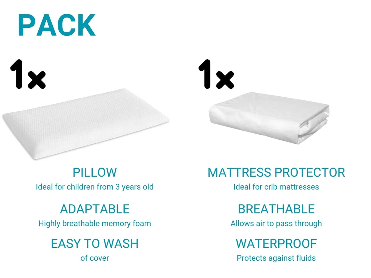 DORMISSIMO Pack Almohada Junior 80X35X6 cm de viscoelástica + 1 Sábanas Protectoras 80X190/200 cm