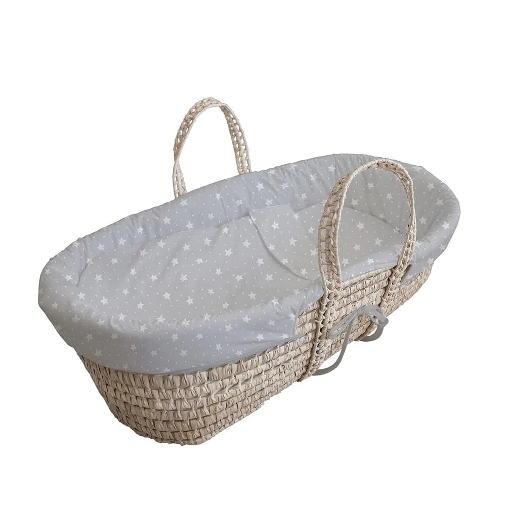 Tanuki Moisés de Mimbre Natural para Bebé con Base de Madera - Hecho a Mano - Colchón Incluido - Estilo nórdico Stars&Dots Gris